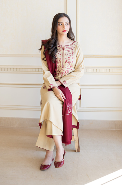 AISLING - 3PC DHANAK EMBROIDERED SHIRT WITH EMBROIDERED DHANAK SHAWL AND TROUSER-BIC-3131