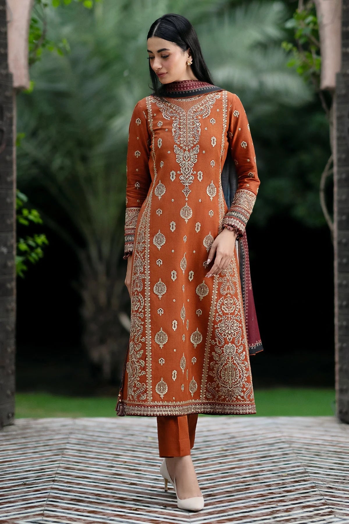 JAZMIN - 3PC DHANAK EMBROIDERED SHIRT WITH COUTURE PRINTED SHAWL AND TROUSER - BIC-3308