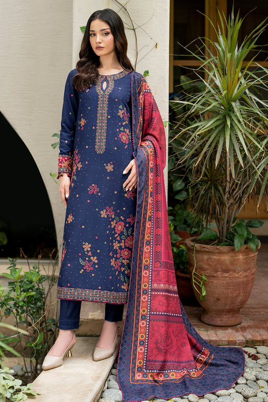 JAZMIN-3PC DHANAK EMBROIDRED SHIRT WITH WOOL PRINT SHAWL AND TROUSER-BIC-3292 j