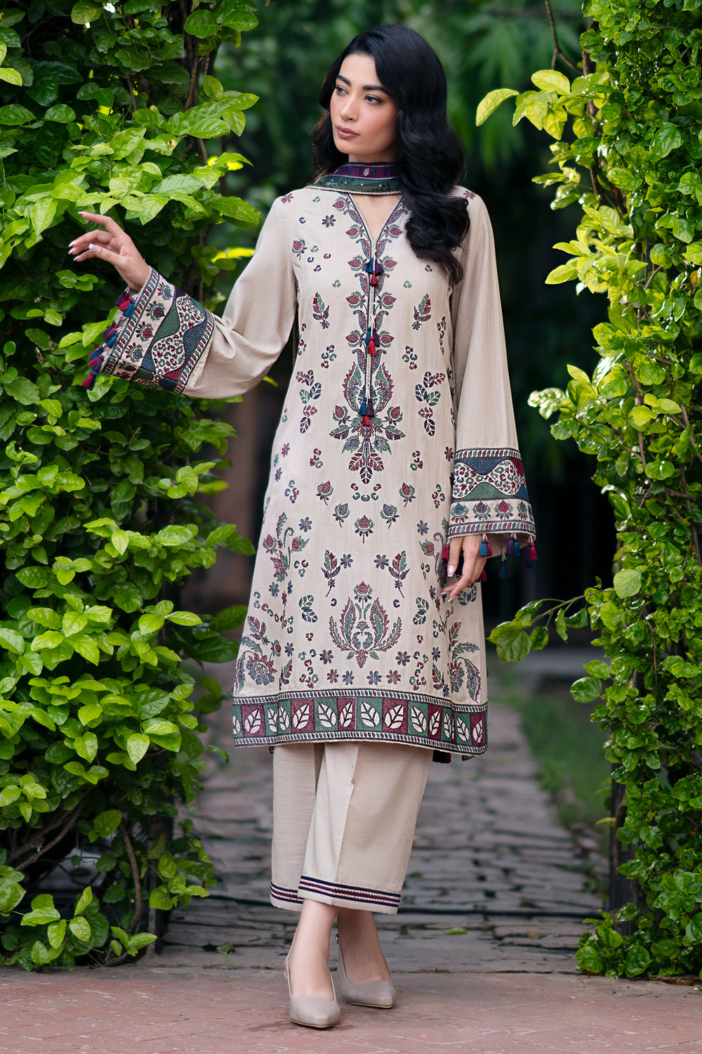 JAZMIN-3PC DHANAK EMBROIDRED SHIRT WITH WOOL PRINT SHAWL AND TROUSER-BIC-3315