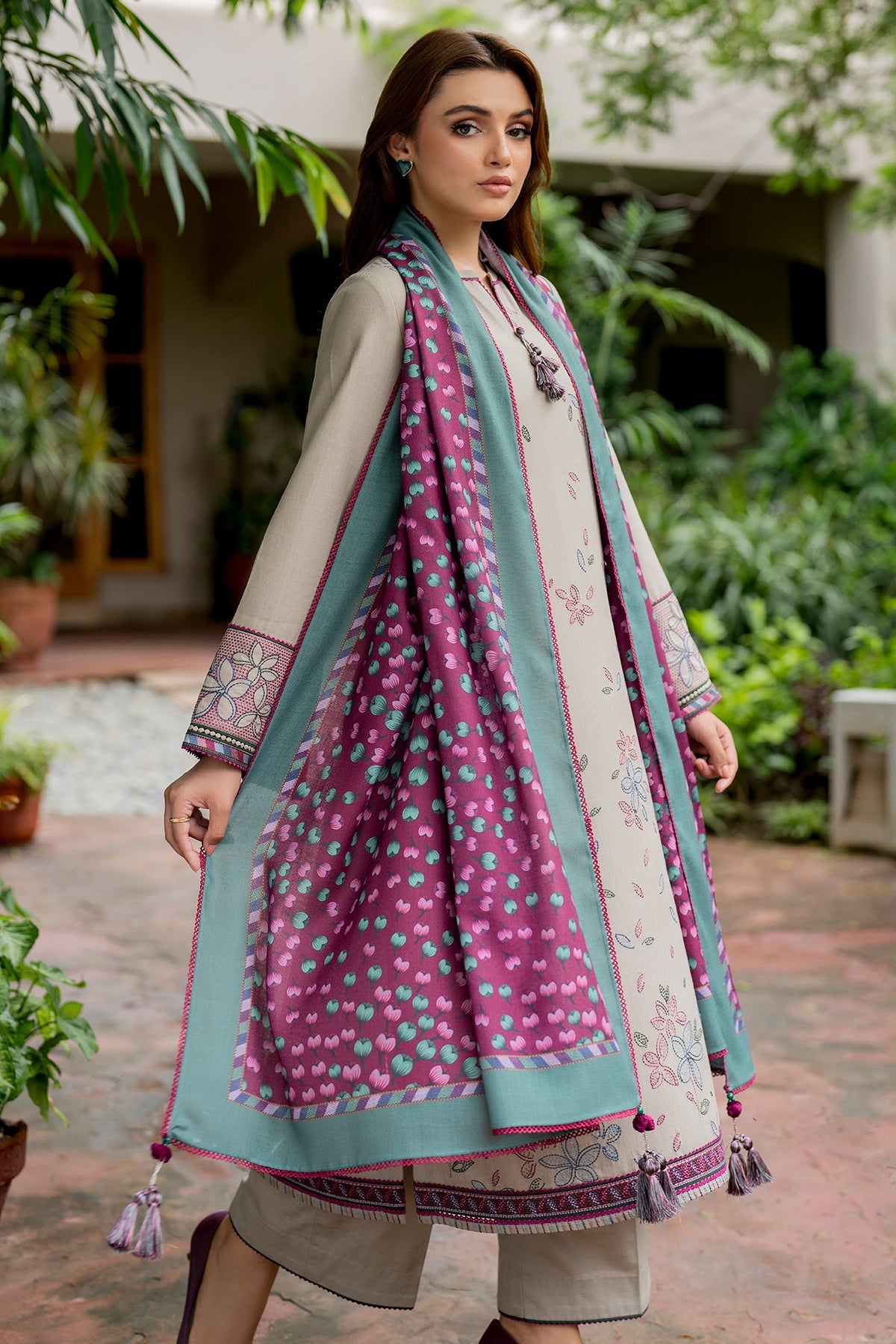 JAZMIN-3PC DHANAK EMBROIDRED SHIRT WITH WOOL PRINT SHAWL AND TROUSER-BIC-3281