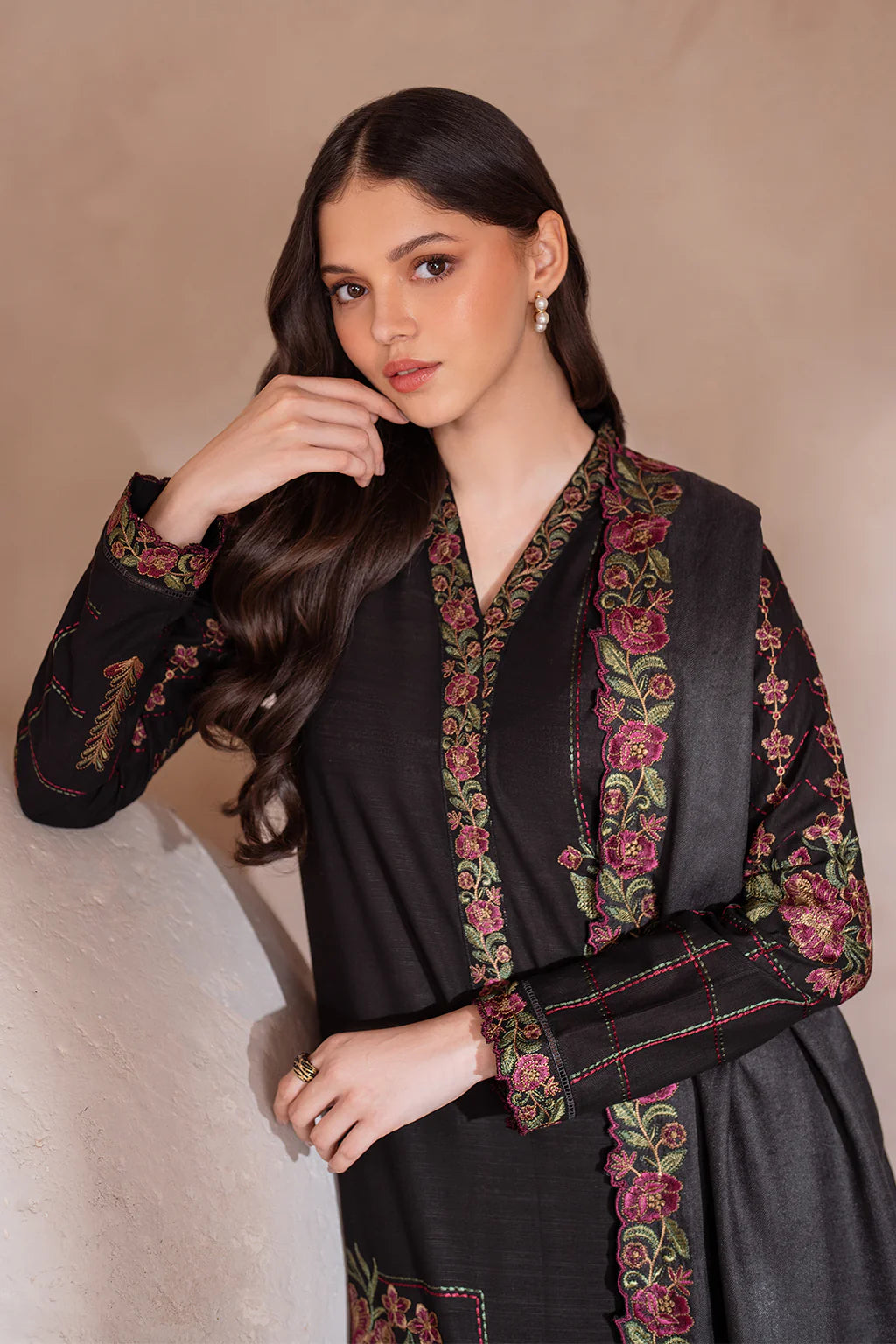 IZNIK-3PC DHANAK EMBROIDERED SHIRT WITH DHANAK EMBROIDERED SHAWL & TROUSER-BIC-3408