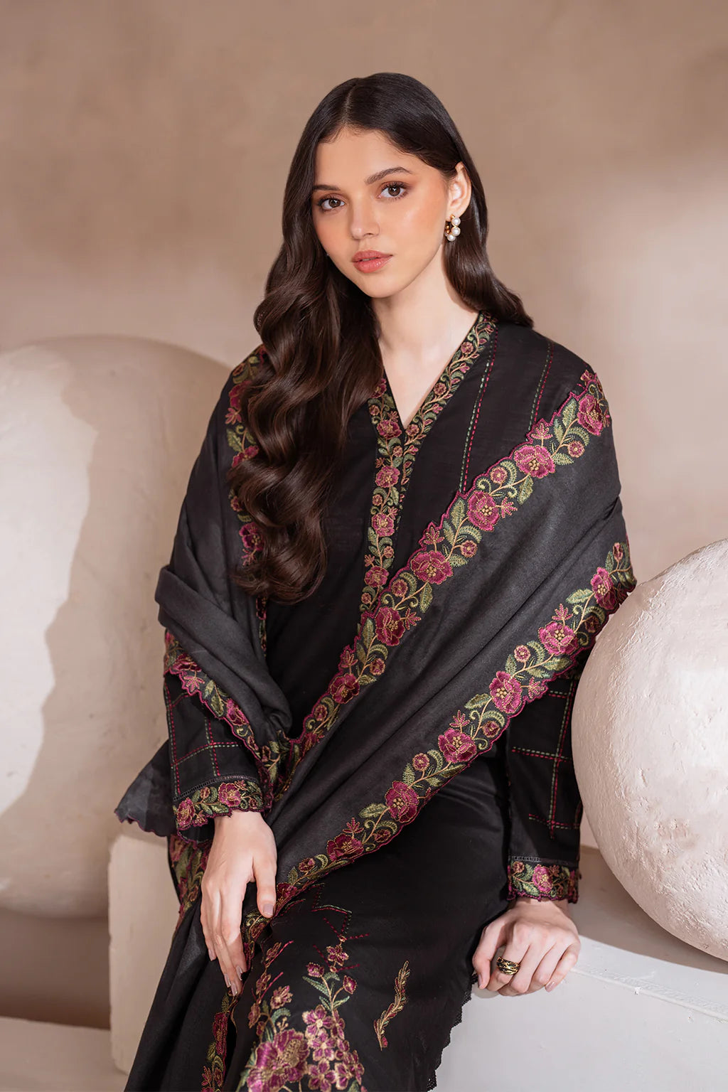 IZNIK-3PC DHANAK EMBROIDERED SHIRT WITH DHANAK EMBROIDERED SHAWL & TROUSER-BIC-3408