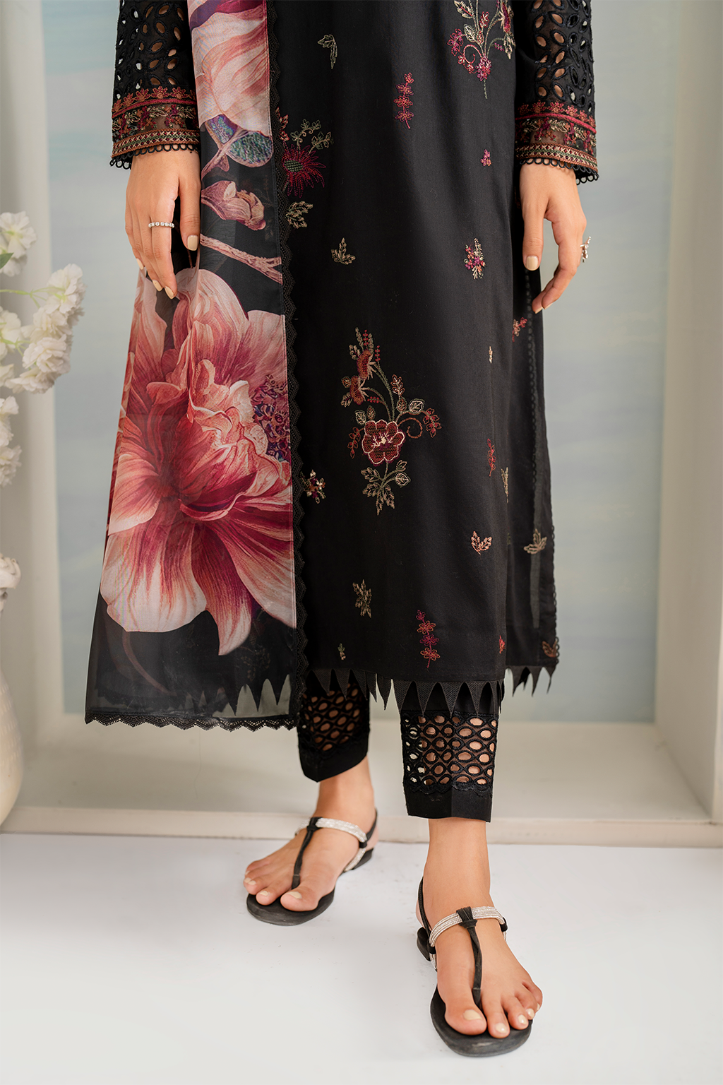 IZNIK- 3PC DHANAK EMBROIDERED SHIRT WITH COUTURE PRINT SHAWL AND TROUSER-BIC- 3175