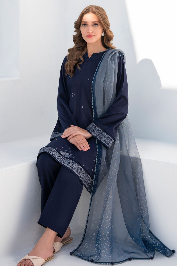 JAZMIN- 3PC DHANAK HEAVY EMBROIDERED SHIRT WITH WOOL PRINT SHAWL-BIC-3219