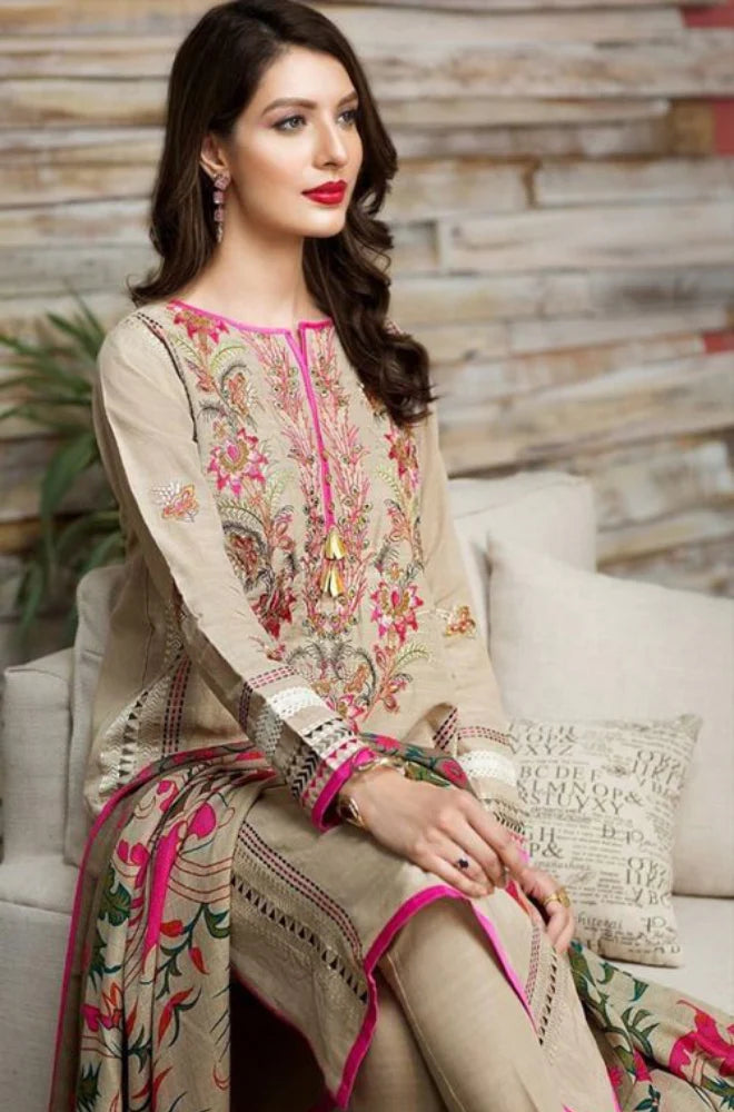 KHAADI-3PC KHADAR EMBROIDRED SHIRT WITH COUTURE PRINT SHAWL-BIC-3217