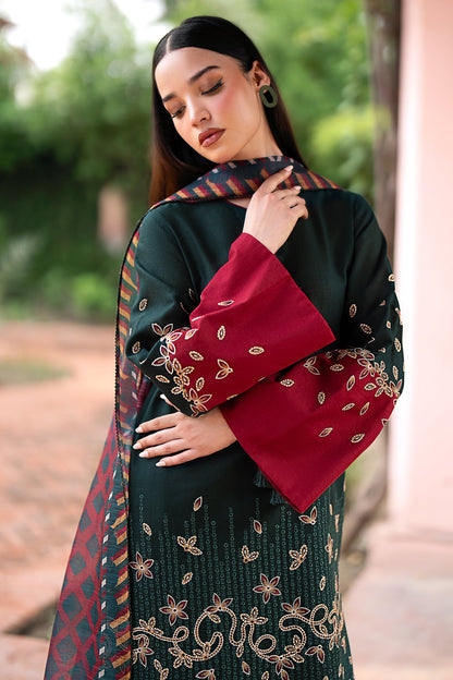 JAZMIN-3PC DHANAK EMBROIDRED SHIRT WITH WOOL PRINT SHAWL AND TROUSER-BIC-3288