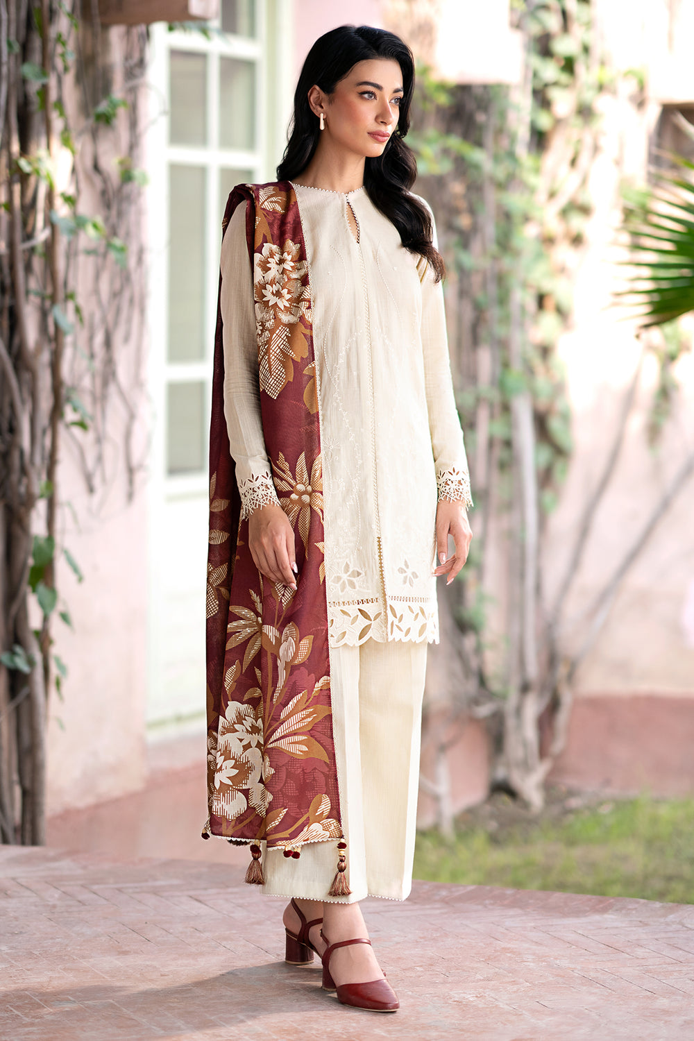 JAZMIN- 3PC DHANAK EMBROIDERED SHIRT WITH WOOL PRINT SHAWL AND TROUSER-BIC-3320-B