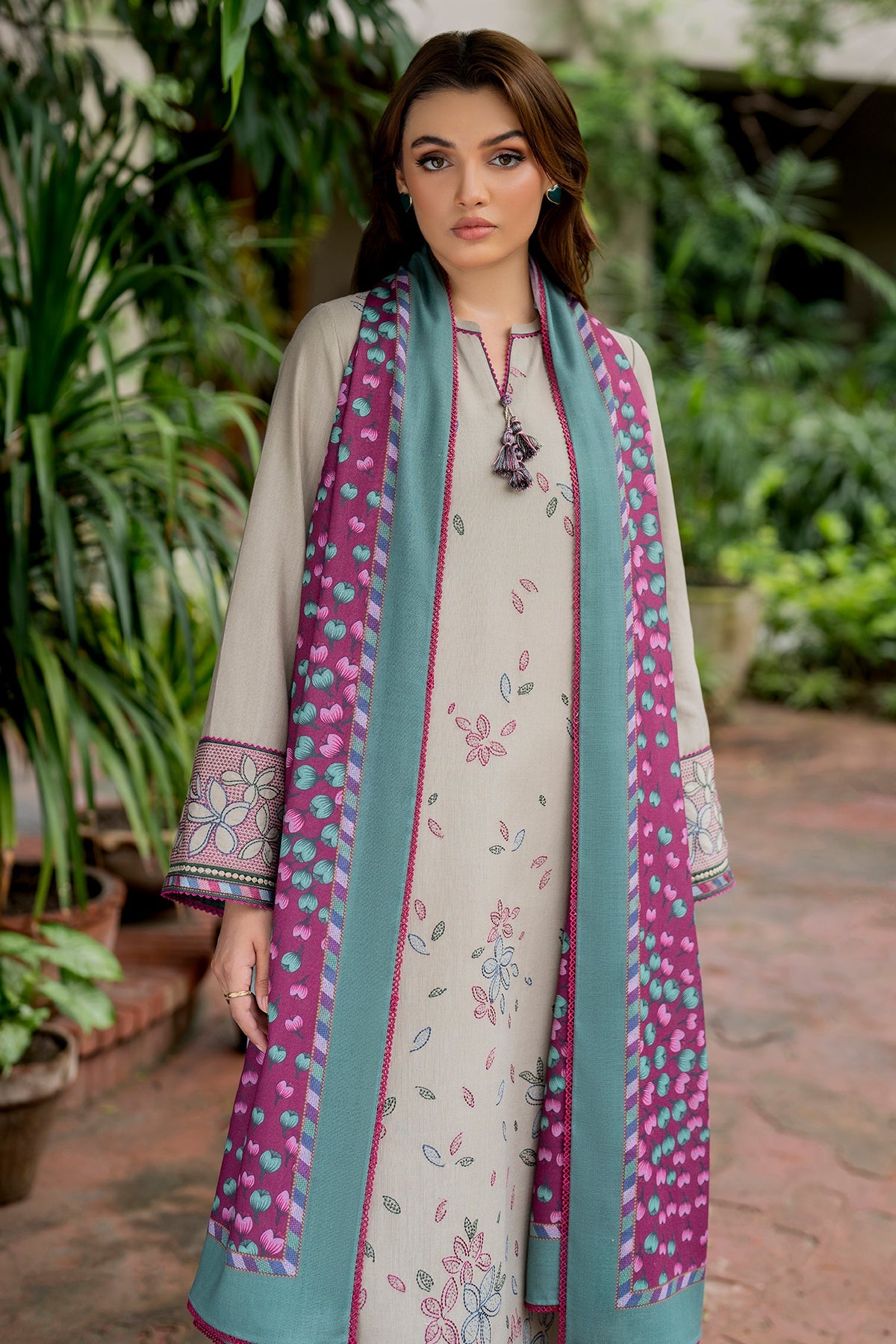 JAZMIN-3PC DHANAK EMBROIDRED SHIRT WITH WOOL PRINT SHAWL AND TROUSER-BIC-3281