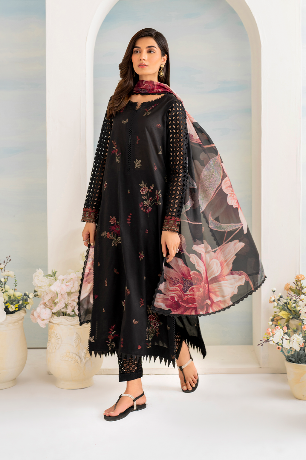 IZNIK- 3PC DHANAK EMBROIDERED SHIRT WITH COUTURE PRINT SHAWL AND TROUSER-BIC- 3175