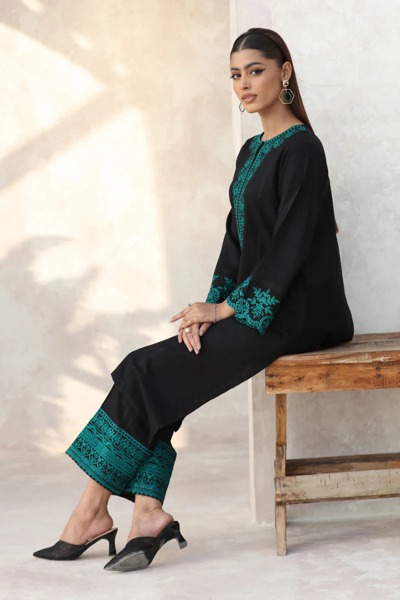 FEROZAE-2PC DHANAK EMBROIDERED SHIRT WITH DHANAK EMB TROUSER-BIC-3387 B