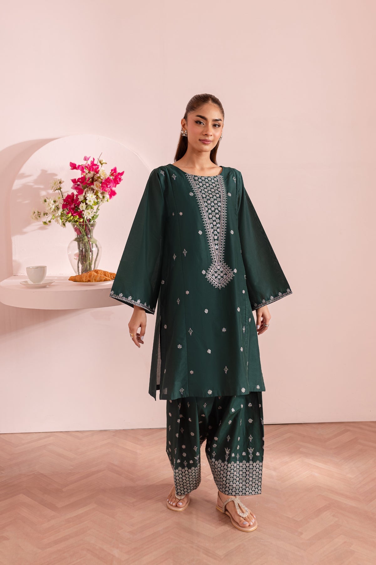 JAZMIN-2 PC DHANAK EMBROIDRED SHIRT WITH AND EMBROIDRED  TROUSER-BIC-3314