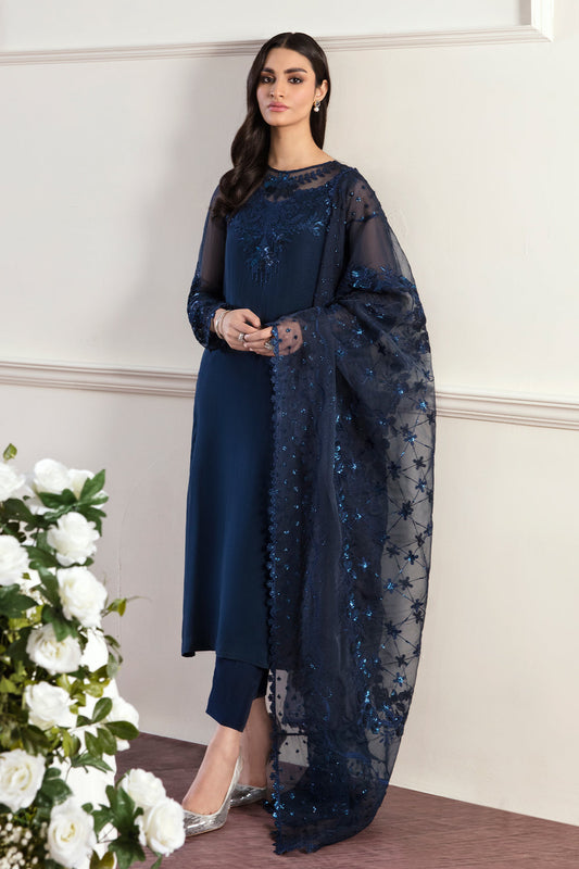 BAROQUE- 3PC ORGANZA EMBROIDERED LAWN SHIRT WITH ORGANZA EMBROIDERED DUPATTA AND TROUSER-2606-BLUE