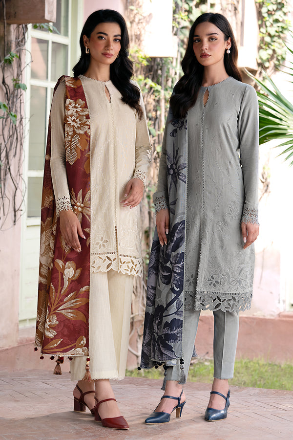 JAZMIN-3PC DHANAK EMBROIDRED SHIRT WITH WOOL PRINT SHAWL AND TROUSER-BIC-3320-A