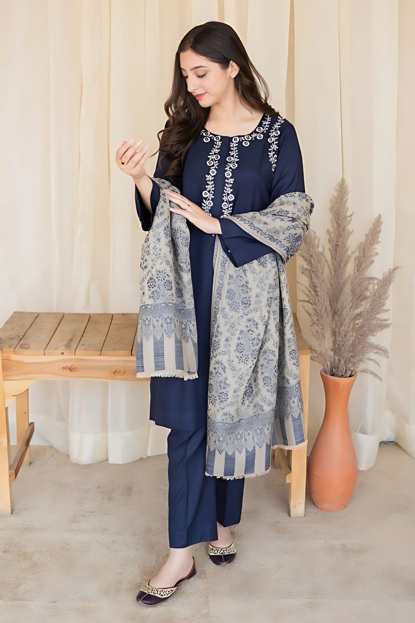 AISLING - 3PC DHANAK EMBROIDERED SHIRT WITH COTURE WOOL PRINTED SHAWL AND TROUSER  -BIC-3197