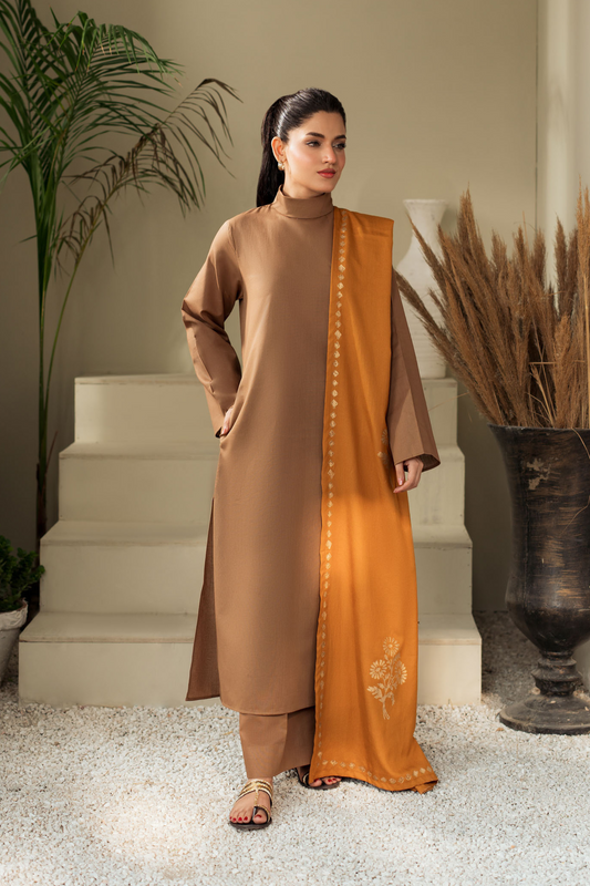 KASTOOR-3PC DHANAK SHIRT WITH WOOL PRINTED SHAWL AND TROUSER-BIC-3414