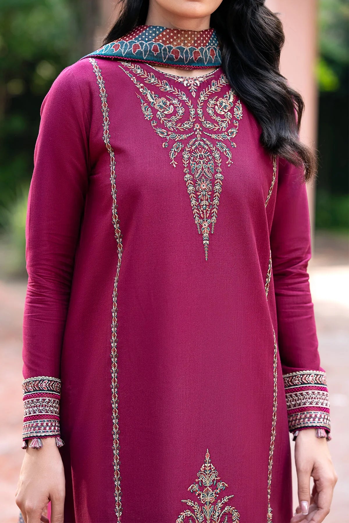 JAZMIN - 3PC DHANAK EMBROIDERED SHIRT WITH WOOL PRINTED SHAWL & TROUSER -BIC-3396