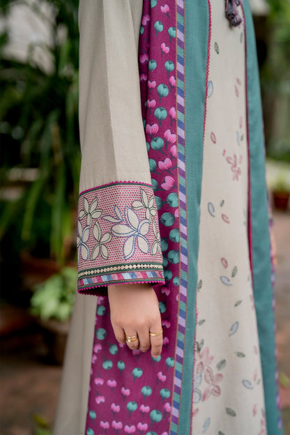 JAZMIN-3PC DHANAK EMBROIDRED SHIRT WITH WOOL PRINT SHAWL AND TROUSER-BIC-3281