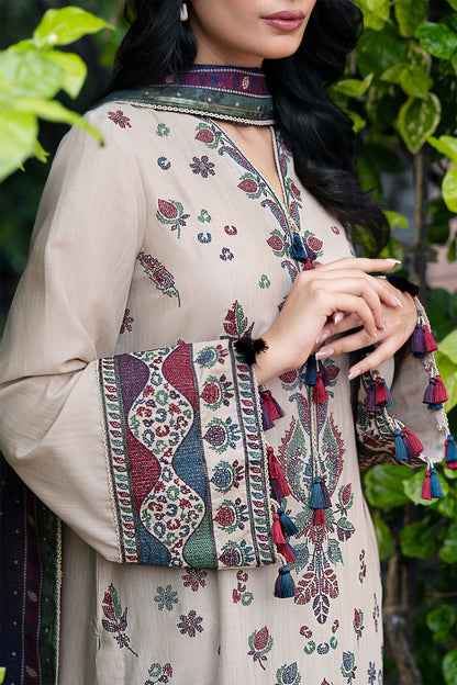 JAZMIN-3PC DHANAK EMBROIDRED SHIRT WITH WOOL PRINT SHAWL AND TROUSER-BIC-3315