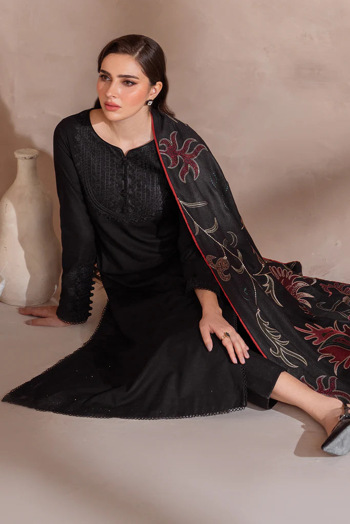 IZNIK-3PC DHANAK EMBROIDERED SHIRT WITH DHANAK EMBROIDERED SHAWL & TROUSER-BIC-3407