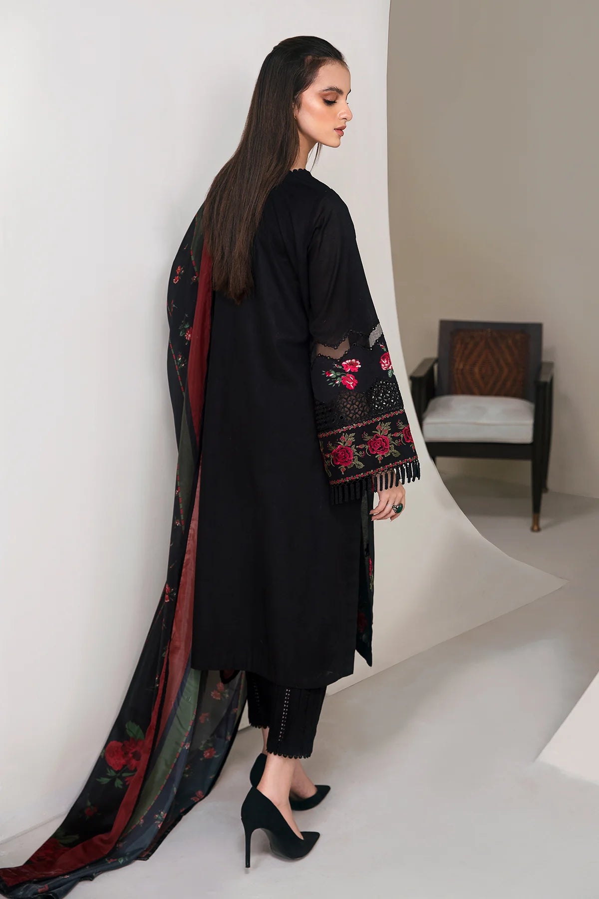 JAZMIN- 3PC DHANAK EMBROIDERED SHIRT WITH WOOL PRINT SHAWL AND TROUSER-BIC-3278