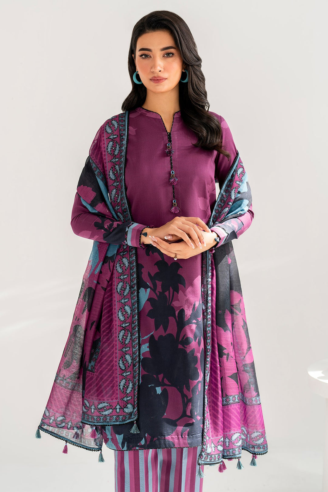 Jazmin-3pc Kranadi Print Shirt With Karandi Print Shawl And Trouser-BIC-