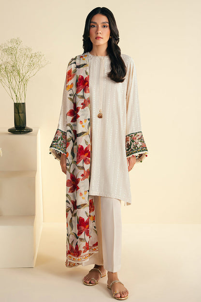 JAZMIN-3PC KHADDAR EMBROIDRED SHIRT WITH WOOL PRINT SHAWL AND TROUSER-BIC-3248