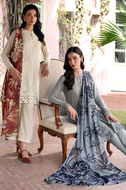 JAZMIN-3PC DHANAK EMBROIDRED SHIRT WITH WOOL PRINT SHAWL AND TROUSER-BIC-3320-A