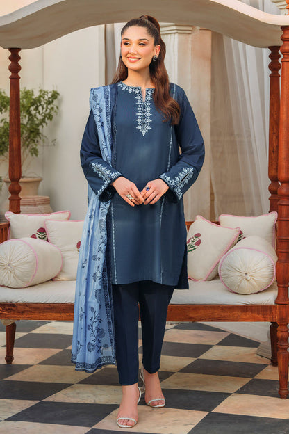 ZIVA-3PC DHANAK EMBROIDERED WITH COUTURE PTINT PRINT-BIC-3220