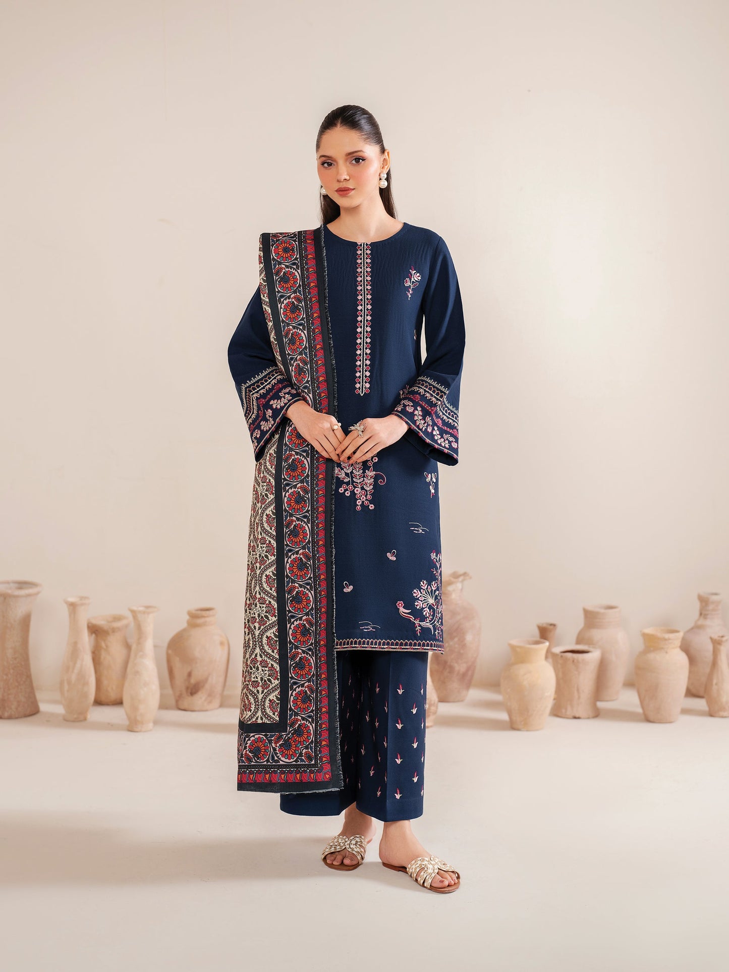 GARNET-3PC LAWN EMBROIDERED SHIRT WITH MONARK PRINT DUPATTA & LAWN TROUSER-3540