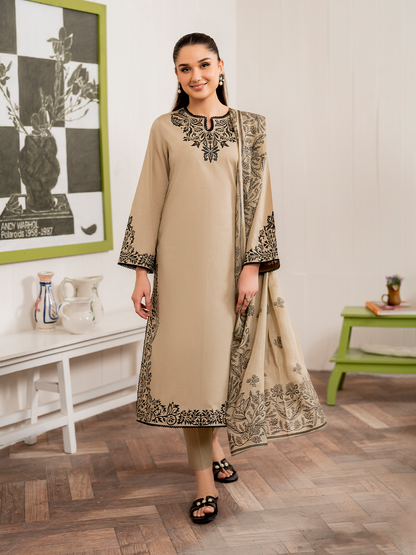 GRANEUT-3PC DHANAK EMBROIDERED SHIRT WITH COUTURE PRINT SHAWL AND TROUSER-BIC- 3155