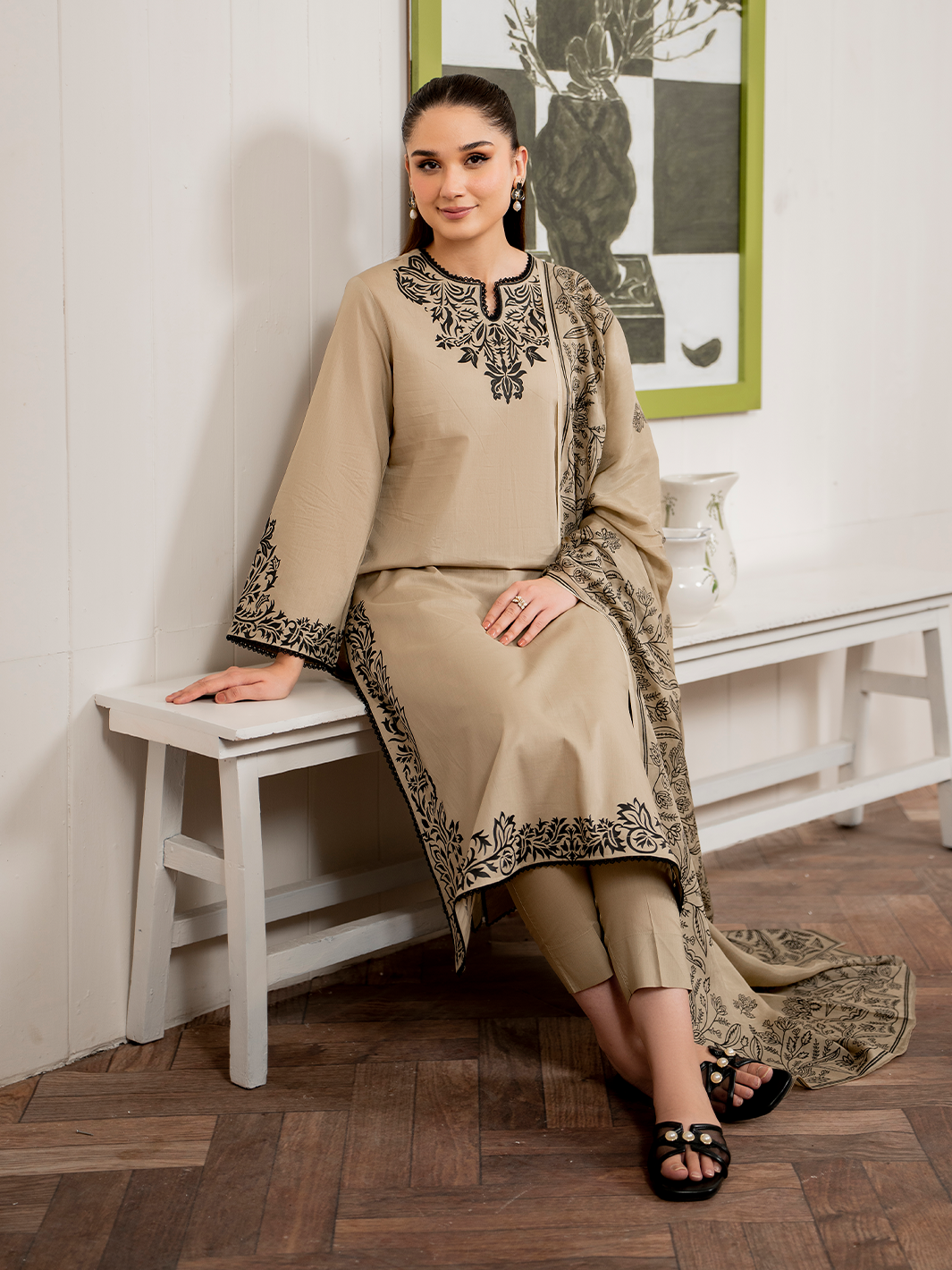 GRANEUT-3PC DHANAK EMBROIDERED SHIRT WITH COUTURE PRINT SHAWL AND TROUSER-BIC- 3155