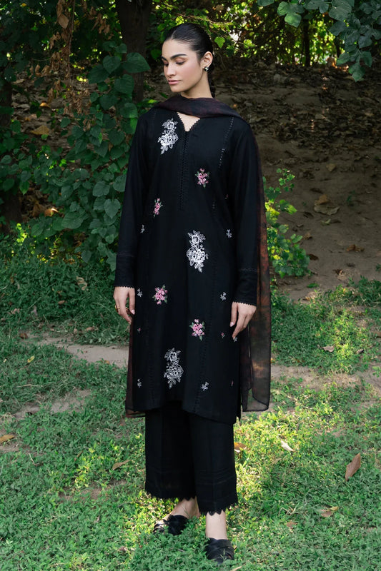 ZIVA - 3PC DHANAK EMBROIDERED SHIRT WITH TWILL PRINTED SHAWL & TROUSER-BIC-3399