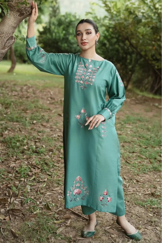 URGE-2PC DHANAK EMBROIDERED SHIRT WITH DHANAK EMBROIDERED SLEEVES-BIC-3370