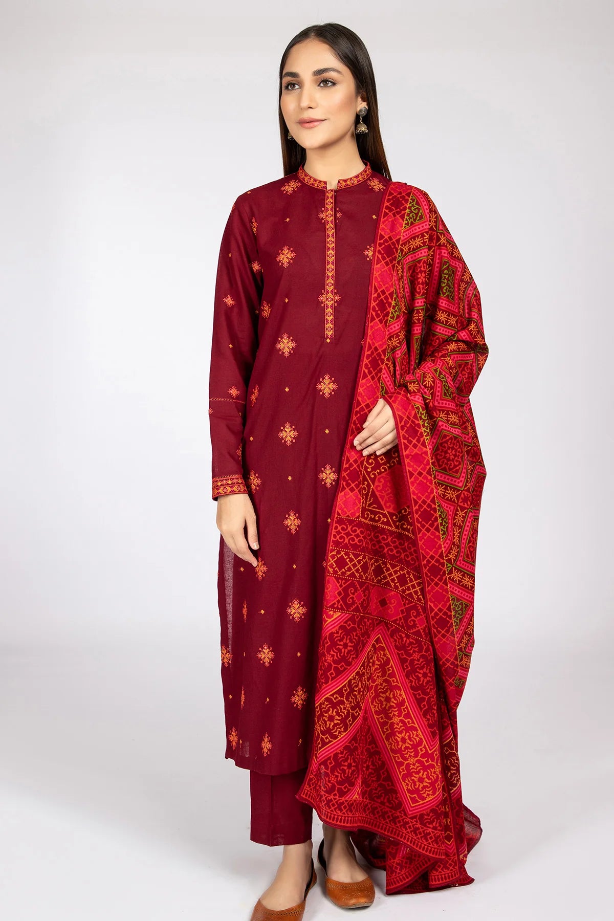 KAYSERIA- 3PC DHANAK EMBROIDERED WITH COUTURE WOOL PRINT SHAWL-BIC-3124