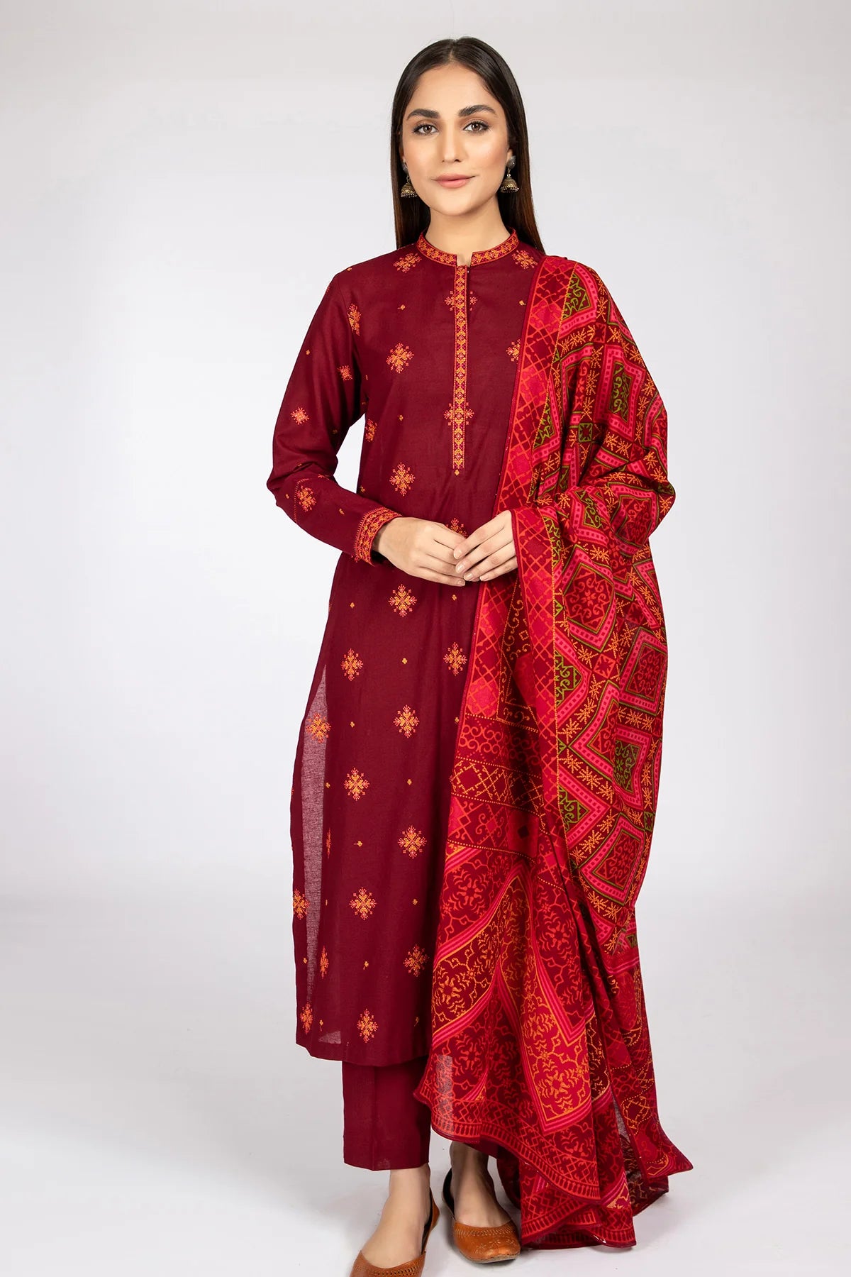 KAYSERIA- 3PC DHANAK EMBROIDERED WITH COUTURE WOOL PRINT SHAWL-BIC-3124