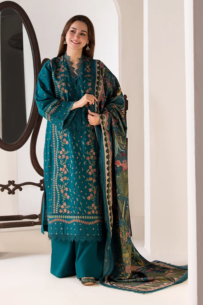 SOBIA NAZIR- 3PC DHANAK EMBROIDERED SHIRT WITH WOOL PRINT SHAWL AND TROUSER-BIC-3359