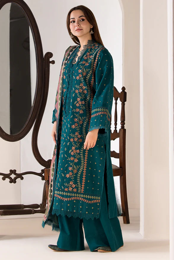 SOBIA NAZIR- 3PC DHANAK EMBROIDERED SHIRT WITH WOOL PRINT SHAWL AND TROUSER-BIC-3359