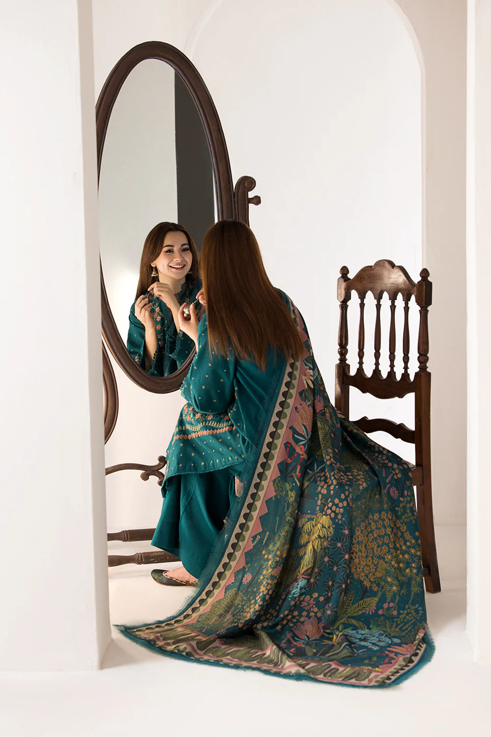 SOBIA NAZIR- 3PC DHANAK EMBROIDERED SHIRT WITH WOOL PRINT SHAWL AND TROUSER-BIC-3359