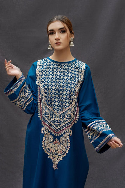 URGE - 3PC DHANAK EMBROIDERED SHIRT WITH COUTURE WOOL PRINTED  SHAWL AND TROUSER-BIC-3111