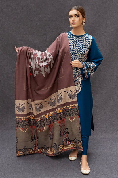 URGE - 3PC DHANAK EMBROIDERED SHIRT WITH COUTURE WOOL PRINTED  SHAWL AND TROUSER-BIC-3111