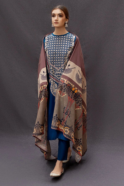 URGE - 3PC DHANAK EMBROIDERED SHIRT WITH COUTURE WOOL PRINTED  SHAWL AND TROUSER-BIC-3111