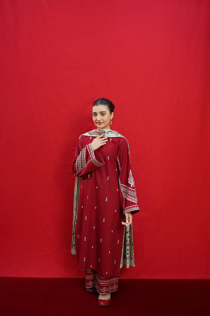 URGE-3PC DHANAK EMBROIDERED SHIRT WITH COUTURE PRINTED SHAWL & EMB TROUSER-BIC-3363