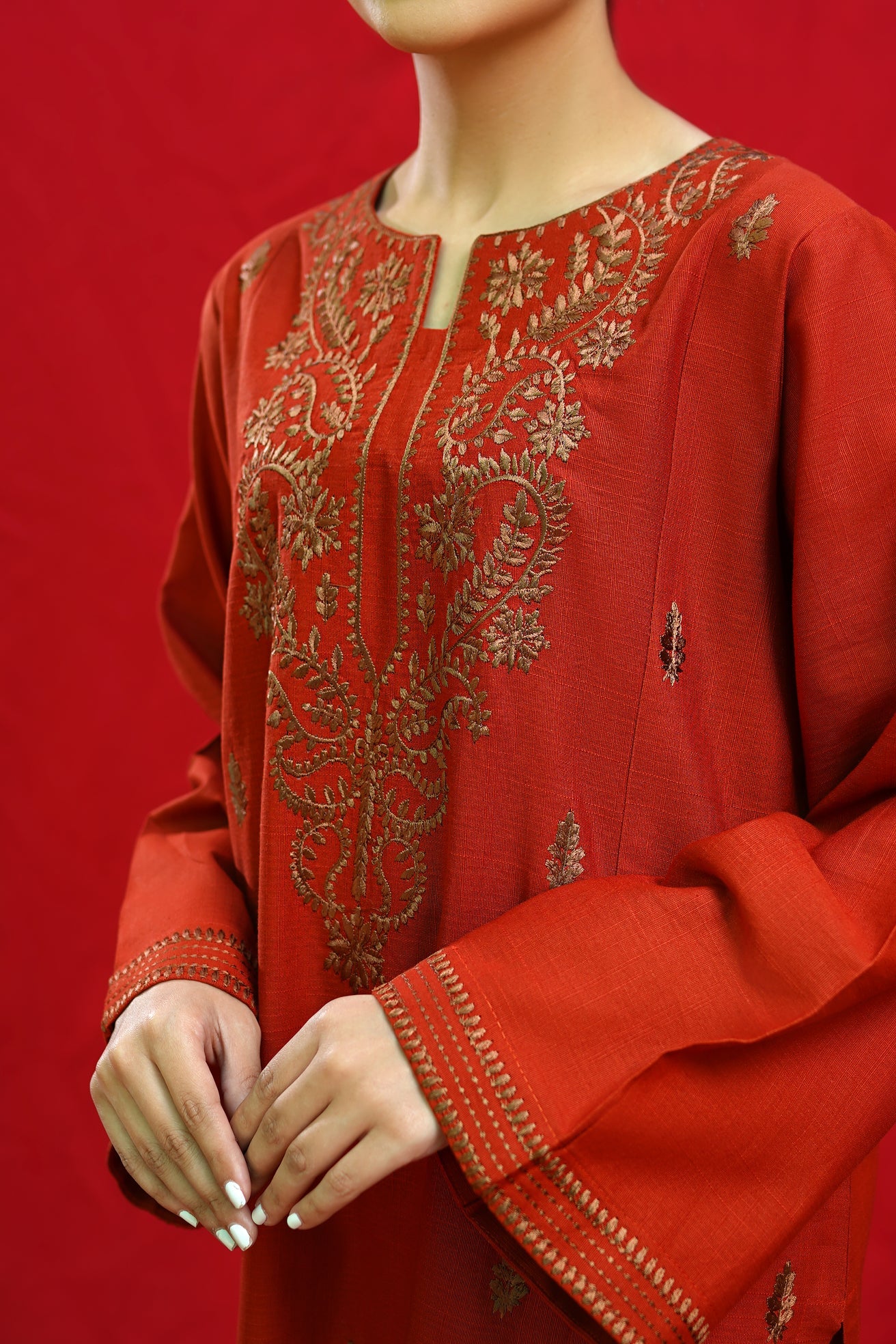 URGE-3PC DHANAK EMBROIDERED SHIRT WITH COUTURE PRINTED SHAWL & EMB TROUSER-BIC-3354