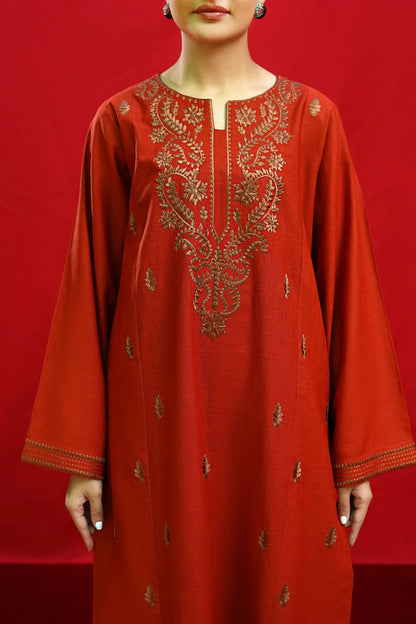 URGE-3PC DHANAK EMBROIDERED SHIRT WITH COUTURE PRINTED SHAWL & EMB TROUSER-BIC-3354