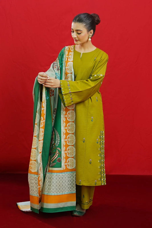 URGE - 3PC DHANAK EMBROIDERED SHIRT WITH TWILL PRINTED SHAWL & EMB TROUSER-BIC-3365