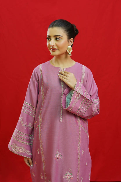 URGE-3PC KHADDAR EMBROIDRED SHIRT WITH WOOL PRINTED SHAWL & EMB TROUSER-BIC-3383