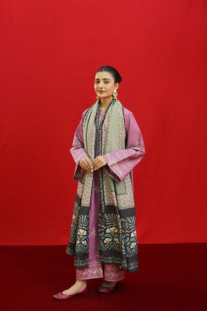 URGE-3PC KHADDAR EMBROIDRED SHIRT WITH WOOL PRINTED SHAWL & EMB TROUSER-BIC-3383