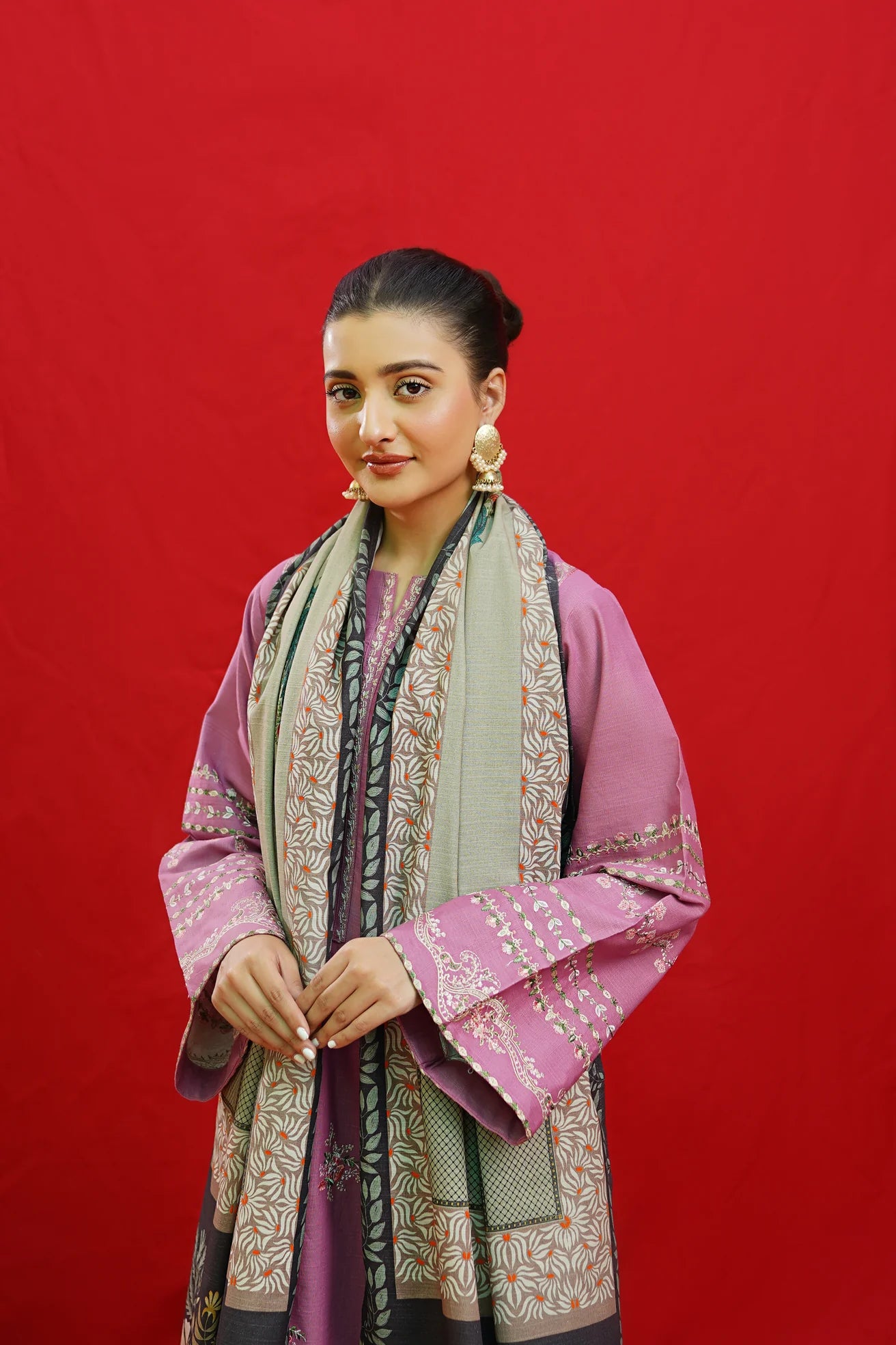 URGE-3PC KHADDAR EMBROIDRED SHIRT WITH WOOL PRINTED SHAWL & EMB TROUSER-BIC-3383