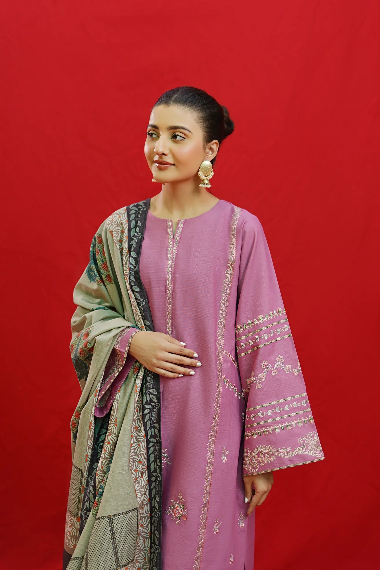 URGE-3PC KHADDAR EMBROIDRED SHIRT WITH WOOL PRINTED SHAWL & EMB TROUSER-BIC-3383